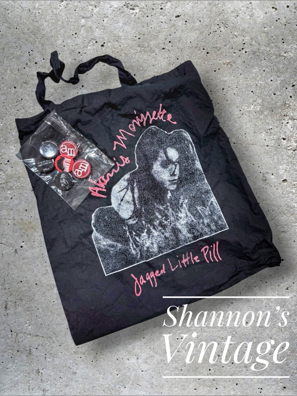 Alanis Morissette Jagged Little Pill 25th Anniversary Tour tote bag with pins